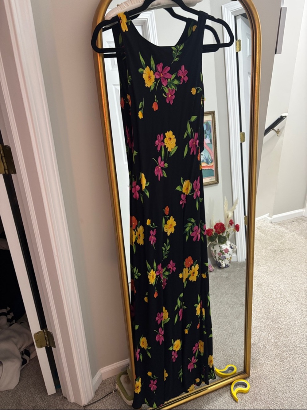 Black Maxi Dress with Yellow & Pink Floral Print